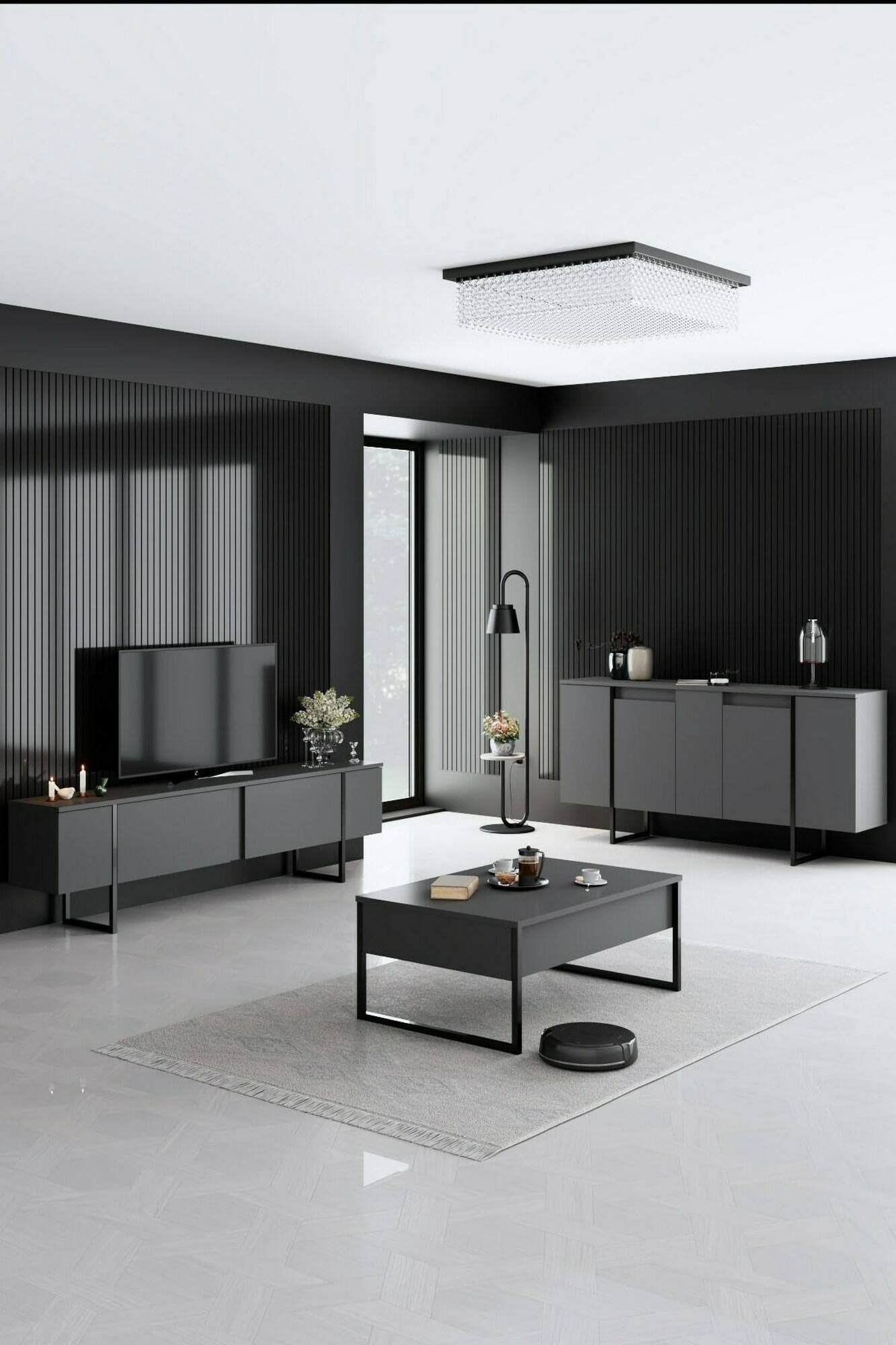 Dmora - Credenza Betel, Buffet da soggiorno, Madia da salotto, Dispensa da cucina, 160x35h80 cm, Antracite e Nero