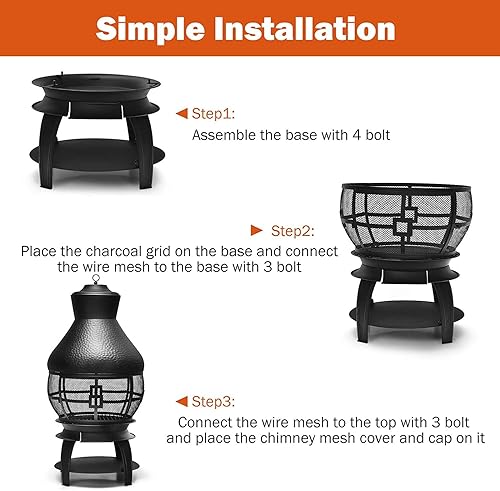 Miniatura 4 de S AFSTAR Chimenea, chimenea de hierro fundido para exteriores, chimenea de madera con póquer de fuego, cubierta de malla ignífuga de 360, chimenea