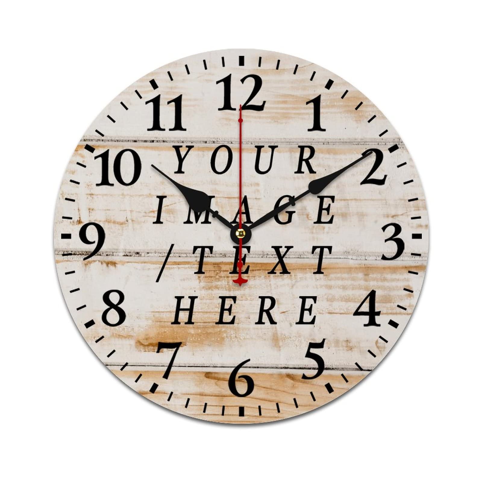 Personalized Wood Wall Clock 12", Customized Photo Presents, Modern Wood Round Wall Clock Non-Ticking Battery Operated Silent Movement Easy to Read for Room Home Bedroom Kitchen Office School