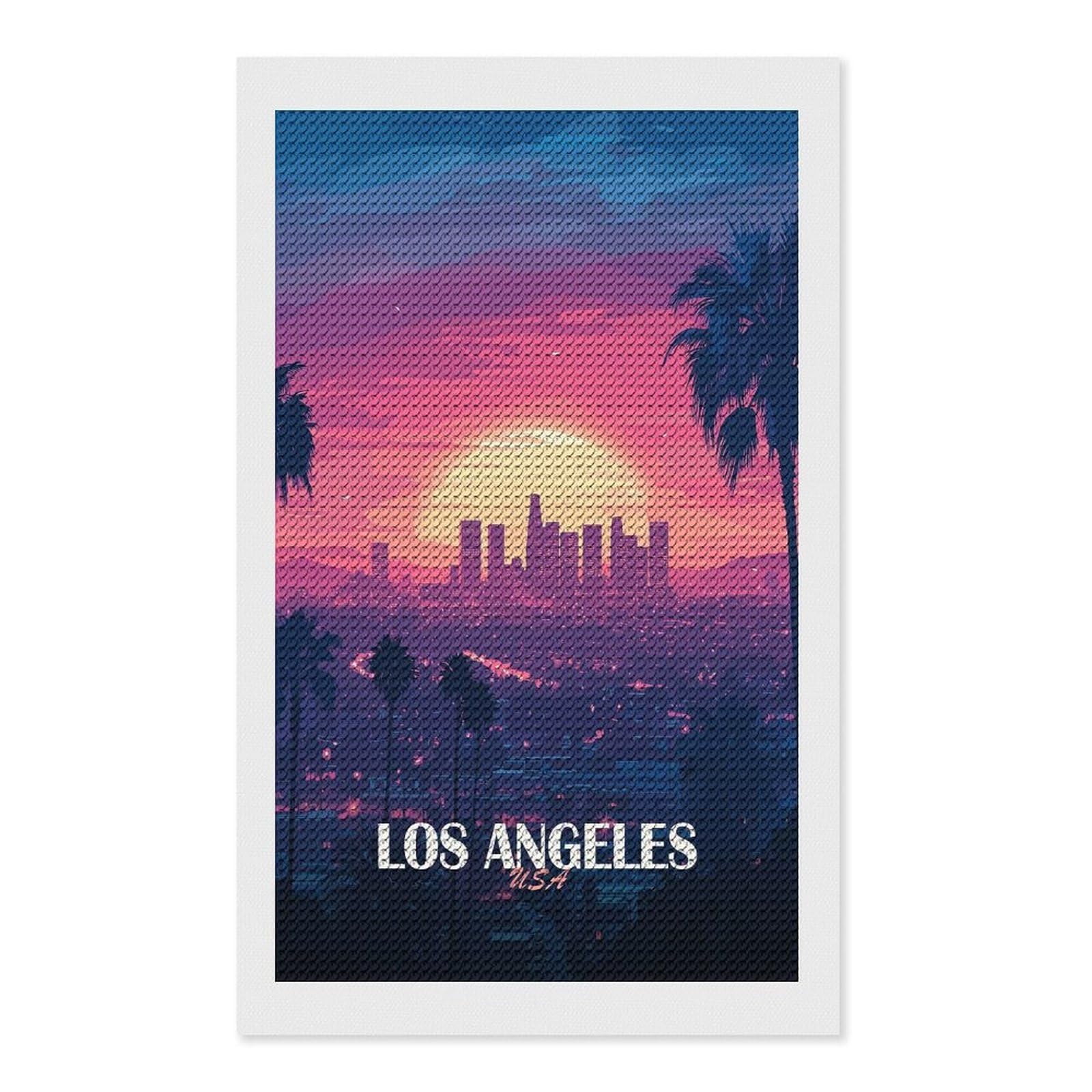 Junmoney Los Angeles Sunset Skyline Illustration Diamond Painting Canvas Set 12"x20", for Women, Mindful Craft Activity, Cosy Home Accent, Festive Craft Gift