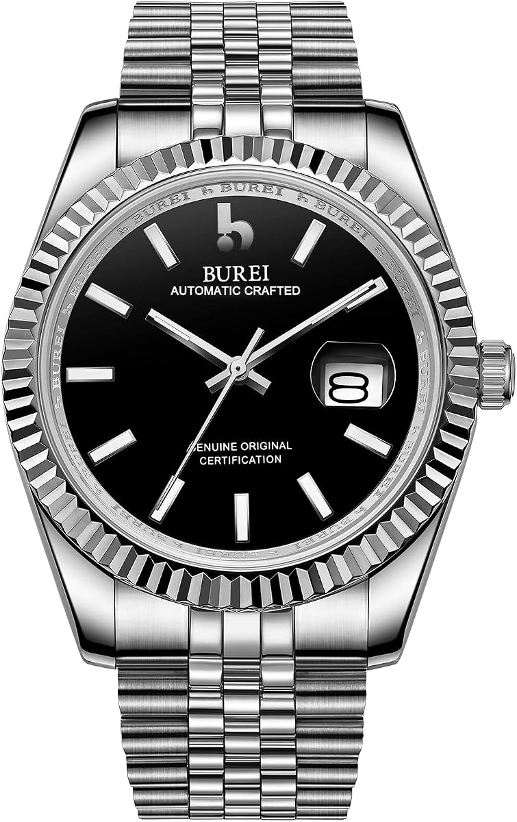 BUREI Reloj de lujo clásico para hombre Reloj de máquina resistente al agua de acero inoxidable Relojes dobles de moda Fecha Cristal de zafiro