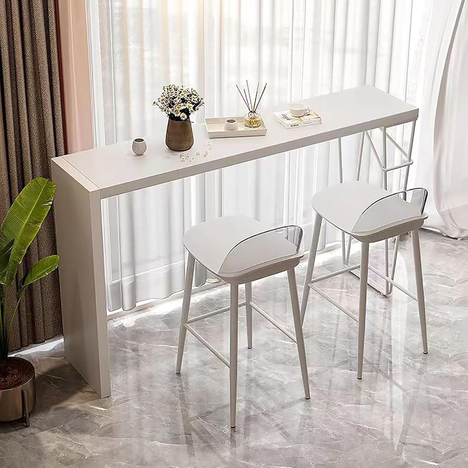 Solid Wood Bar Height Table - Creative Rectangular Live Edge Pub Table, Industrial Dining Table with Wooden & Steel Legs, Long Narrow Coffee Bar Table, White (140x40cm)