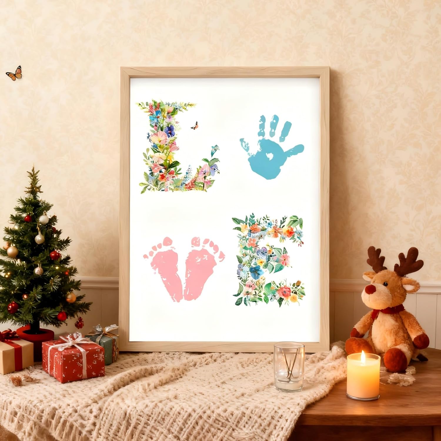 Totomogug Handprint & Footprint Gifts for Baby Craft Art Kit,DIY Keepsake Painting-Two Art Styles,Meaningful Gifts for Mom & Grandma,Gift for Birthday,Baby Shower(12" X 16", with Wood Frame)
