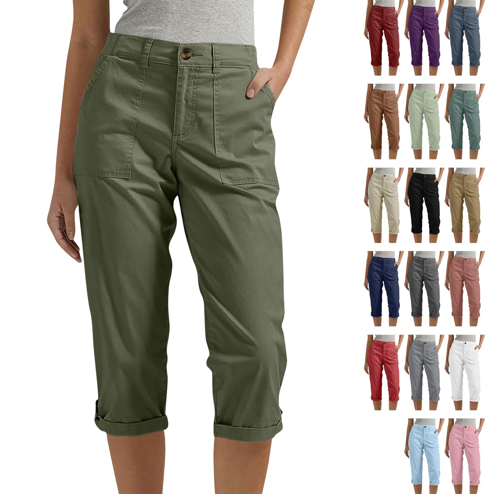 Cargo Capris for Women Casual Cargo Pants Lightweight Cropped Trousers Rolled Hem Capris with Pockets