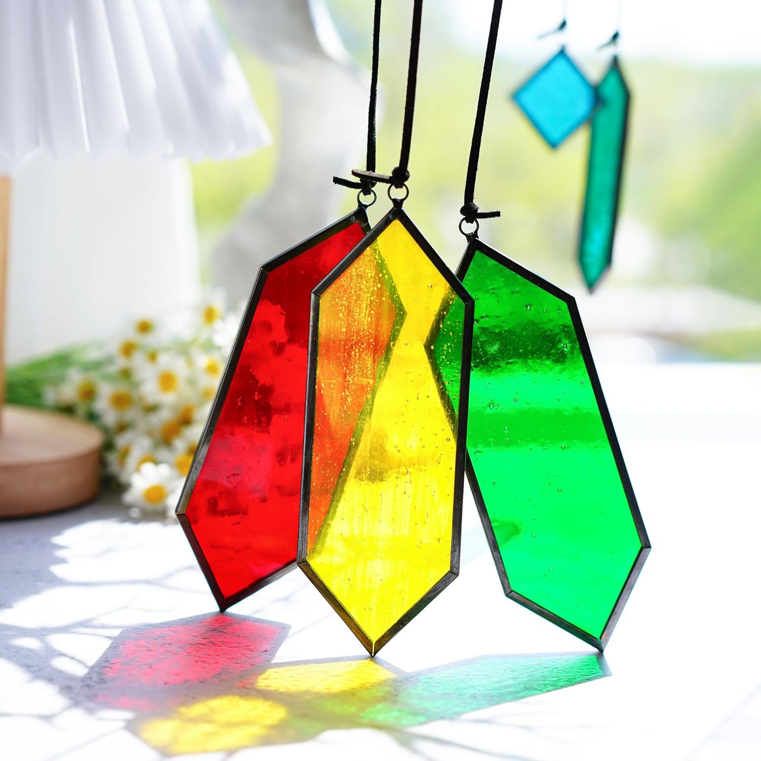 7 Pieces Stained Glass Element Earth Tones and Handmade Gold Plated Suncatcher Wind Chime