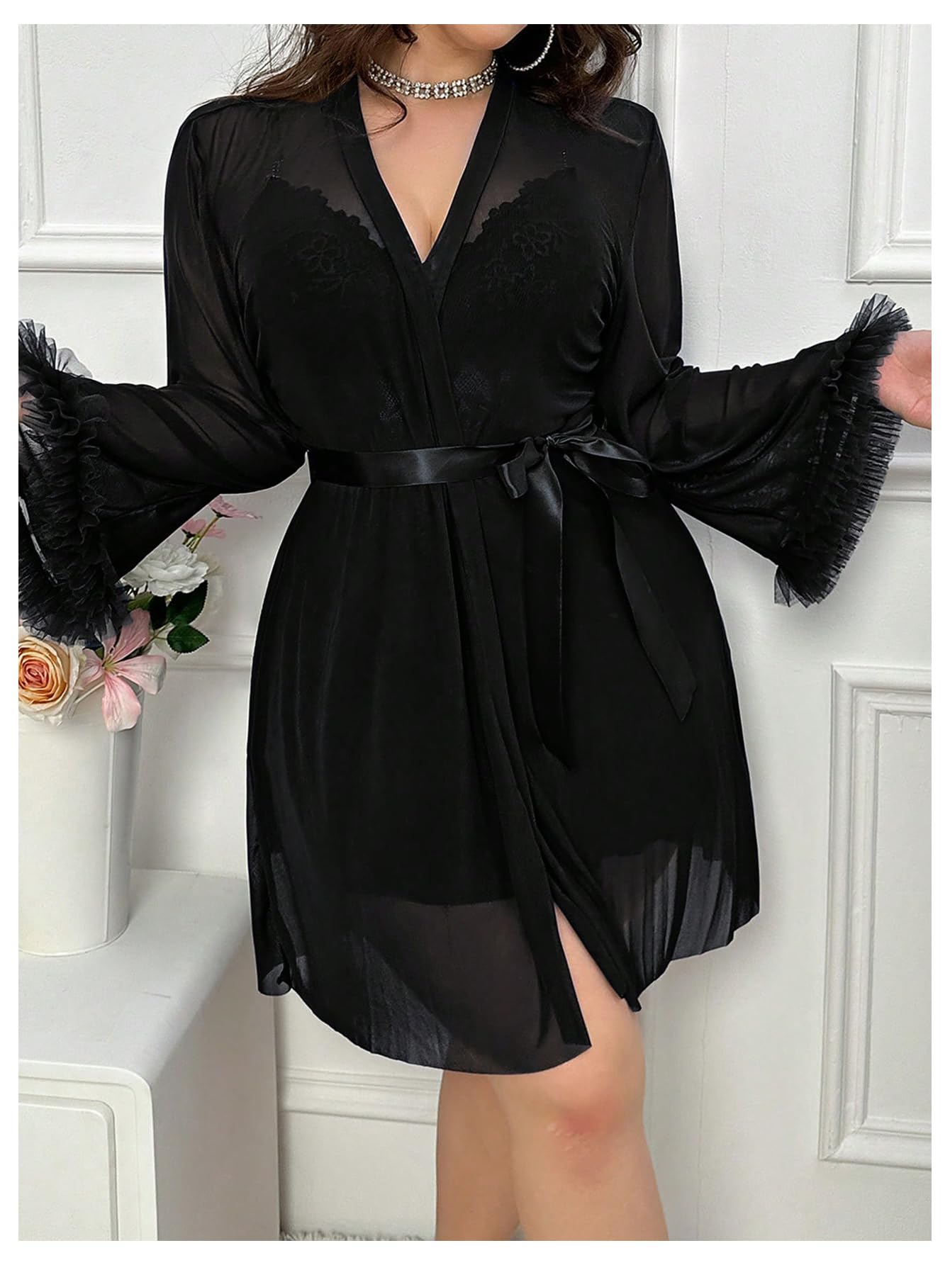 OYOANGLE Women's Plus Size 2 Piece Lace Sheer Chemise Nightgown with Long Sleeve Robe Set Nightwear: 4X-Large Plus Black