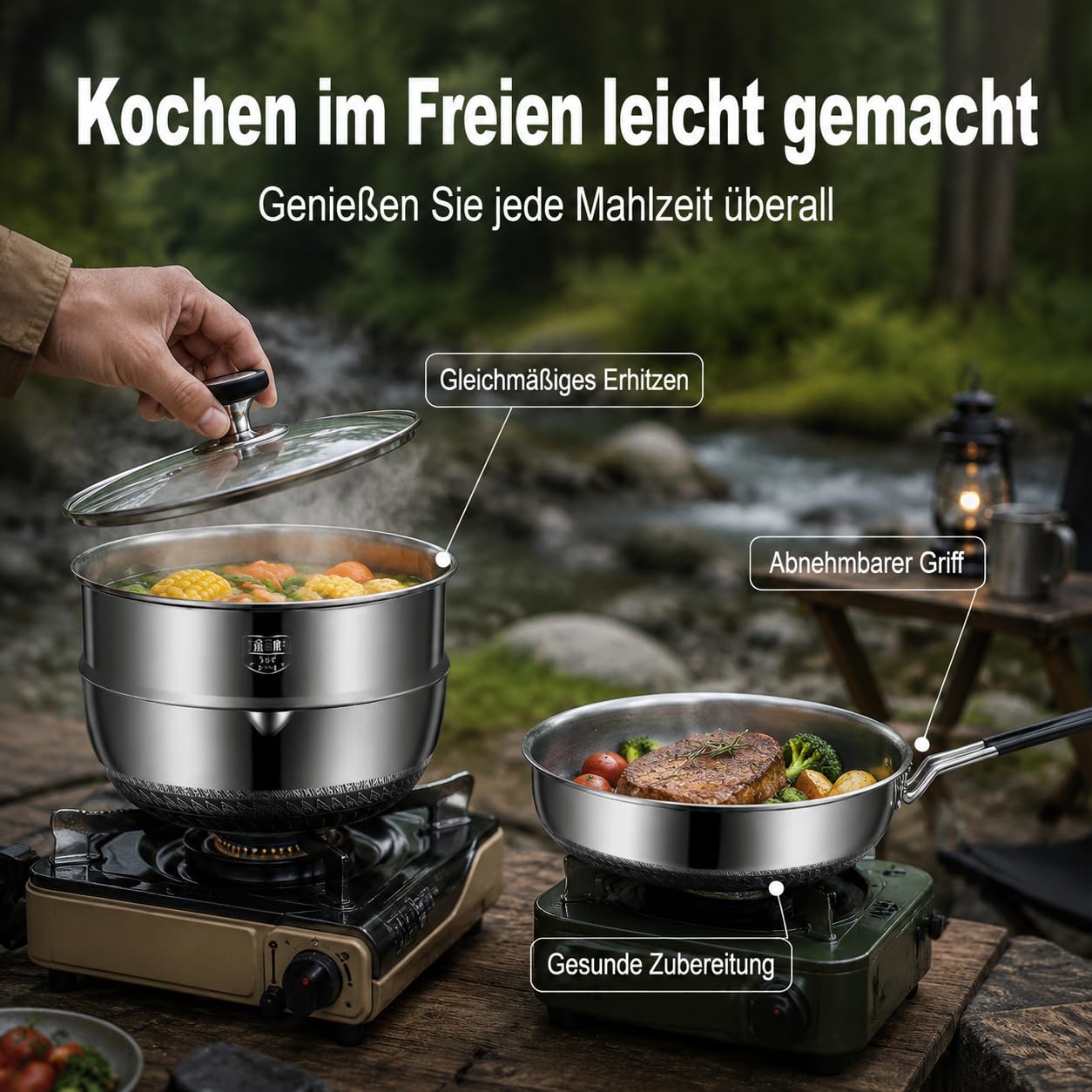 Camping Kochgeschirr Set, Topfset für Campingkocher, stapelbar, poliertes Material, Dämpfeinsatz, hitzebeständige Griffe, Campinggeschirr, Outdoor-Kochgeschirr-Set mit 2