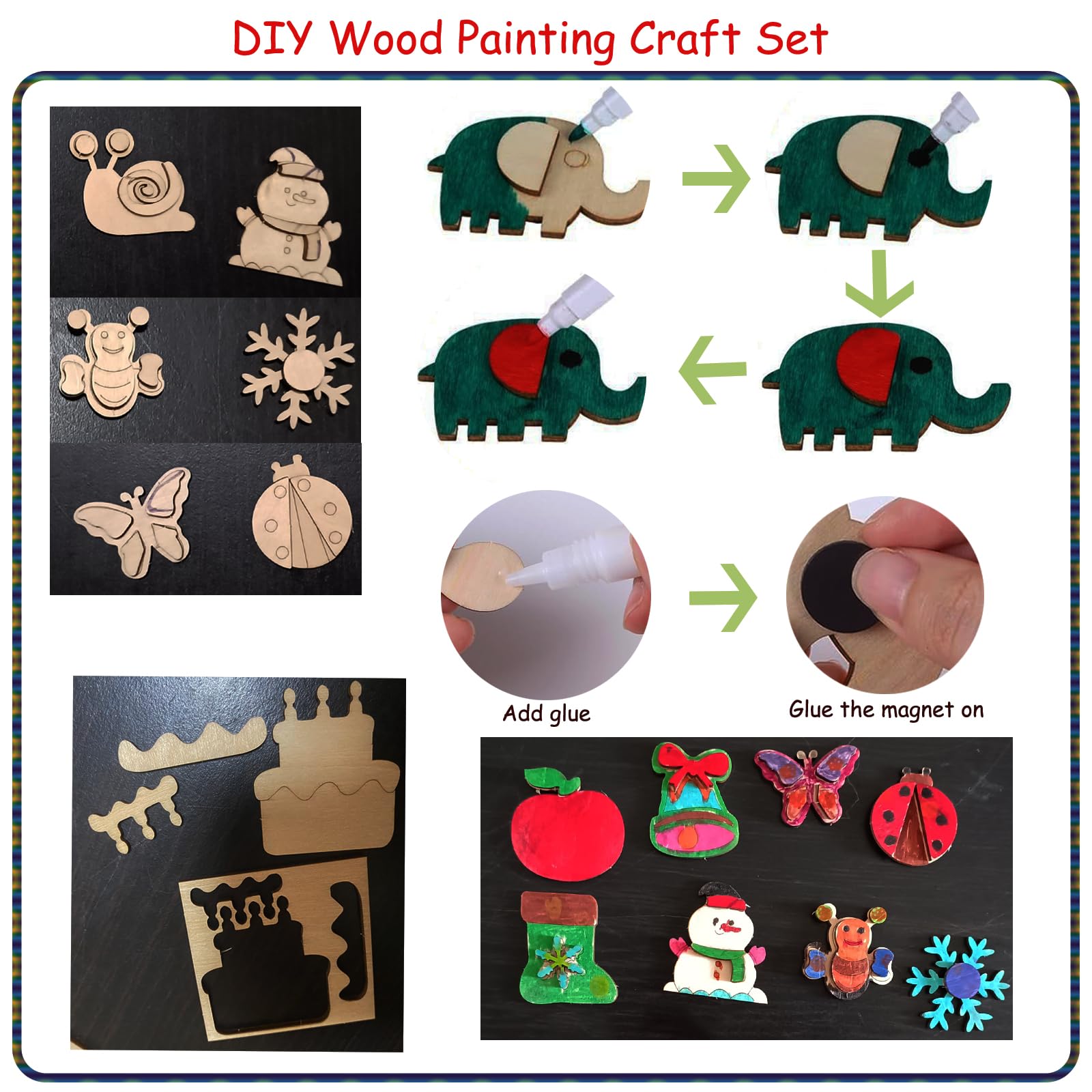 LUUFAN DIY Holz-Magnet-Set Für Kinder – 36 Teile Zum Bemalen & Bekleben, Inkl. Farbstifte & Magnete (Kreativset Für Kühlschrank)