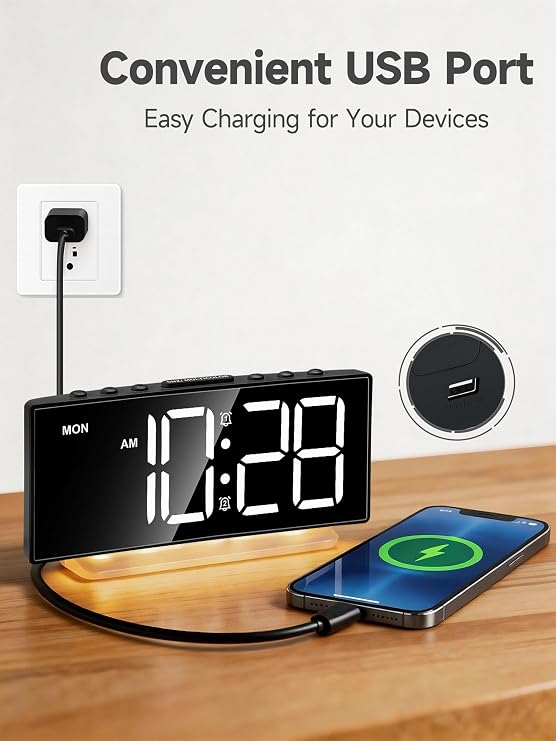 Cadmos Digital Alarm Clock - Extra Loud for Heavy Sleepers Adults Teens Kids, Rainbow Bedside Clock for Bedrooms, Large Display, 7 Color Night Light, Weekday & Weekend, 12/24h (Black+Dynamic)