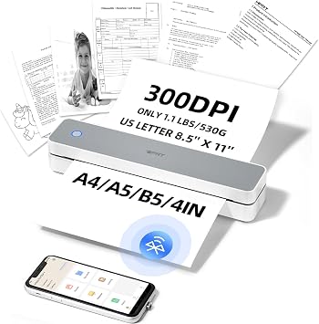 Portable Thermal Printer Wireless for Travel, 300DPI Inkless Small Printers