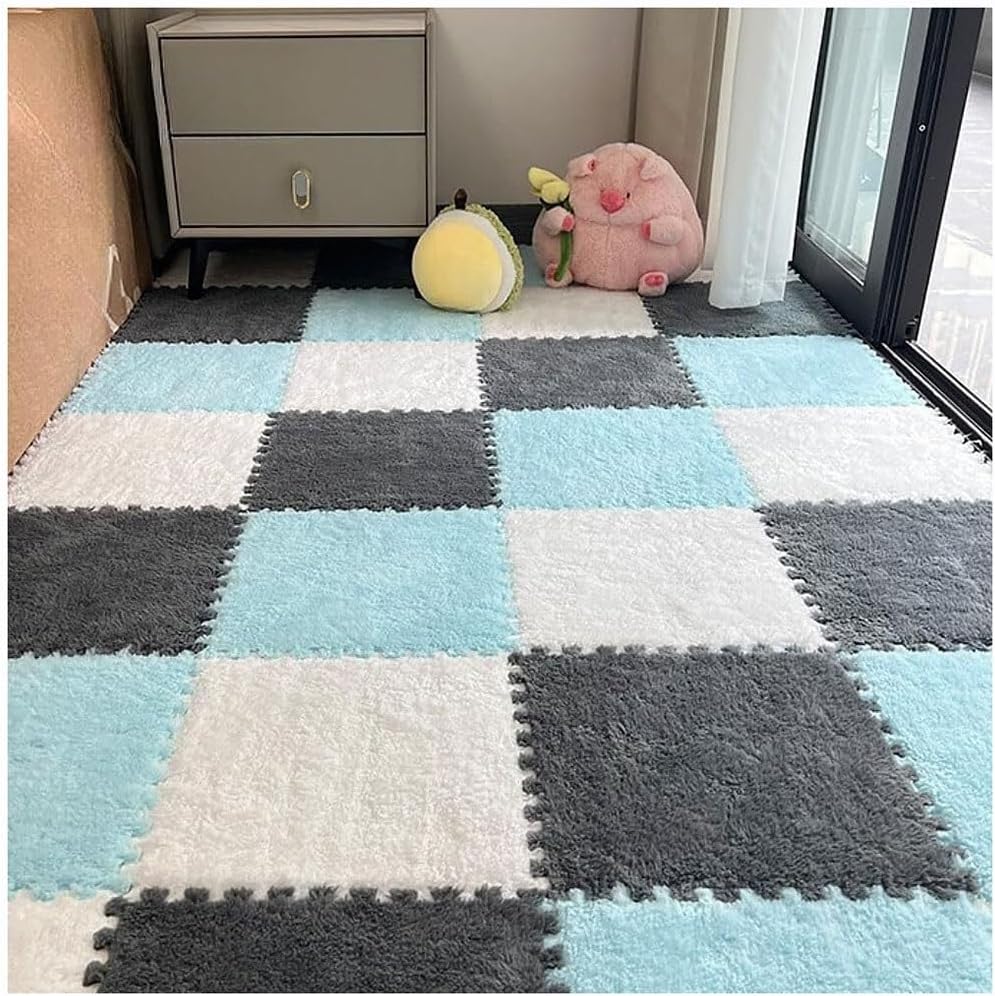 Thickened Plush Foam Interlocking Floor Carpet Mat Fluffy Square Puzzle Foam Carpet Tiles with Edgings Soft Anti-Slip Shaggy Area Rug Playmat(White+Blue+Gray,40pcs)