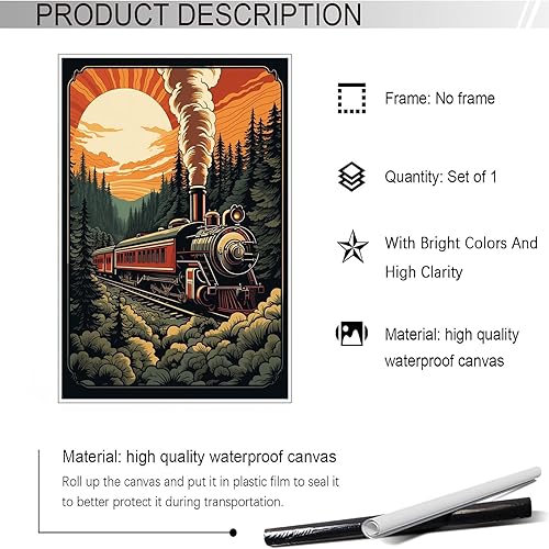Miniatura 2 de Pósteres vintage de tren de vapor de tren en el bosque al atardecer, arte de pared retro nostálgico de los años 90, pintura para sala de estar,