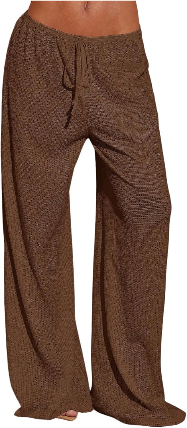 MakeMeChic Women's Summer Beach Wide Leg Pants Swimsuit Coverup Low Waist Knit Baggy Lounge Pants