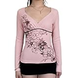 Y2k V Neck Floral Tops Women Fairy Grunge Vintage Long Sleeve Top 2000s Emo Graphic Cute Teen Girls Clothe