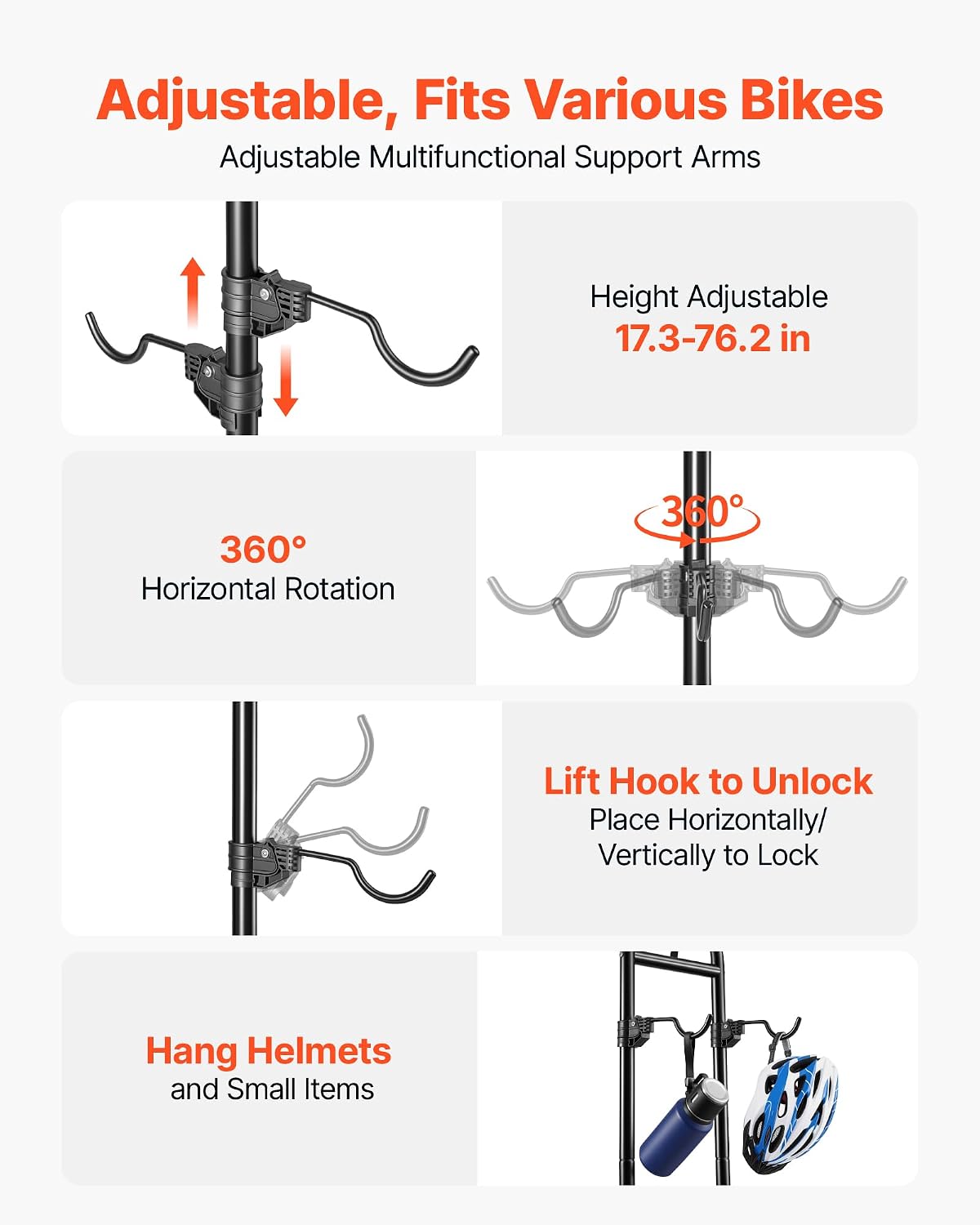 VEVOR Bike Stand for 2 Bikes, Freestanding Vertical Bike Storage Rack, with Height-Adjustable Hooks, Heavy-Duty Carbon Steel Standing Bicycle Floor Stand, Ideal for Garage, Apartment, Home, Black