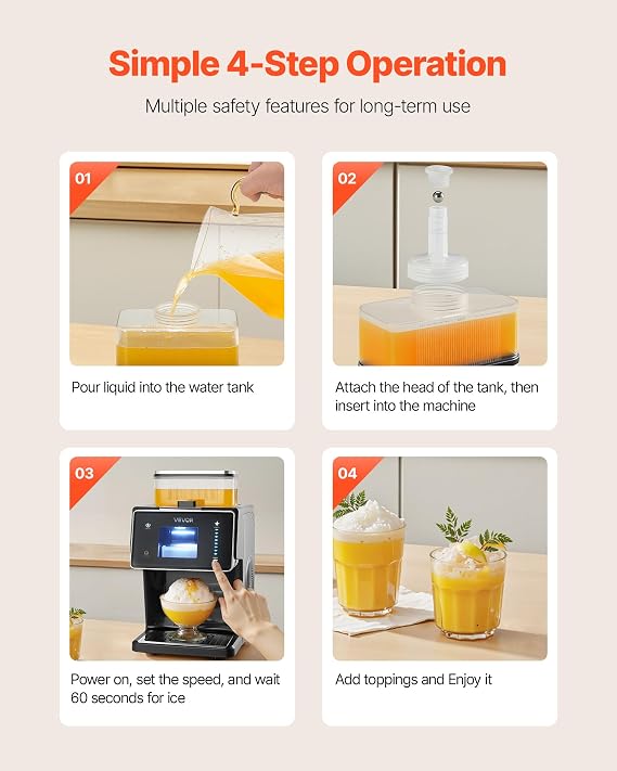 VEVOR Snowflake Ice Machine, 44LBS/24H Snowflake Ice Maker, Ice-Shaver Machine with Stainless Steel Blade, Electric Snow Cone Maker with 0.2 Gal Tank, 60S Fast Pre-Cooling, for Home & Small Gatherings