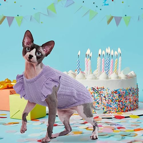 Miniatura 8 de DENTRUN Sphynx - Camisa de gatos sin pelo, ropa de gatito con mangas con volantes, transpirable, pijama para gatos, Púrpura