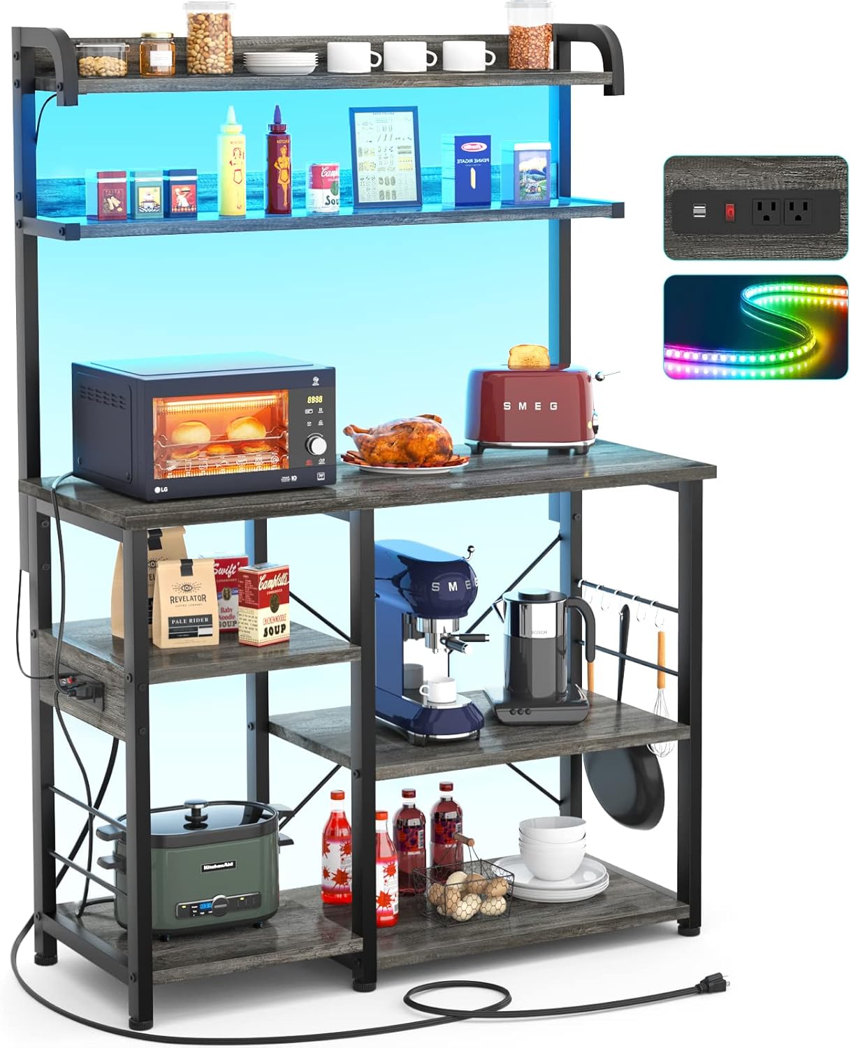Topfurny Bakers Rack with Power Outlets and Led Lights, Coffee Station