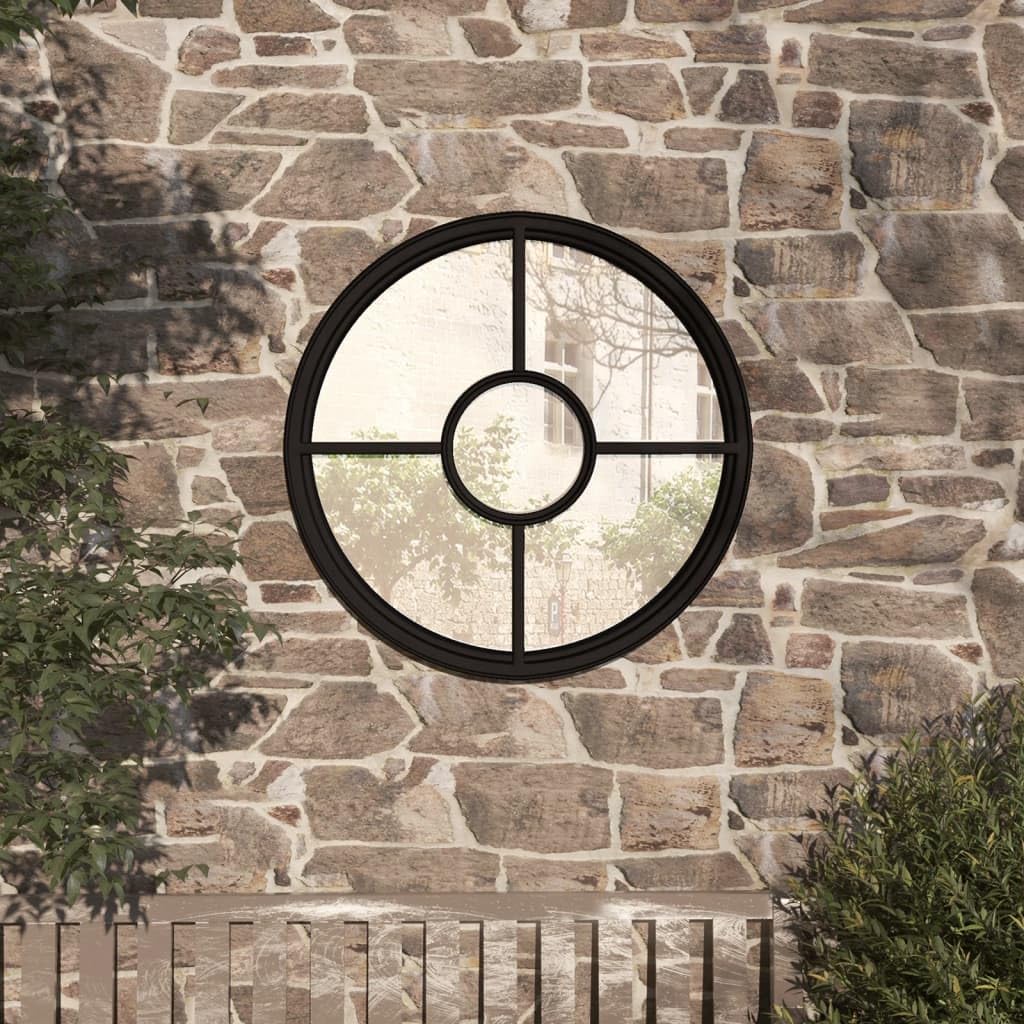 vidaXL Miroir de Jardin Miroir de Patio Mural Décoration de Jardin Suspendu Ajout de Lumière Noir 60x4 cm Fer Rond Utilisation Extérieure