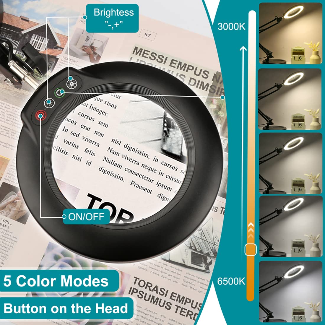 Lighting Lampe Loupe LED 5X Avec Pince Bras Pivotant Réglable à 360°, Intensité Variable, Température De Couleur Réglable, Lumière Utilitaire Pour Travaux Manuels, Lecture, Inspection Et Utilisation