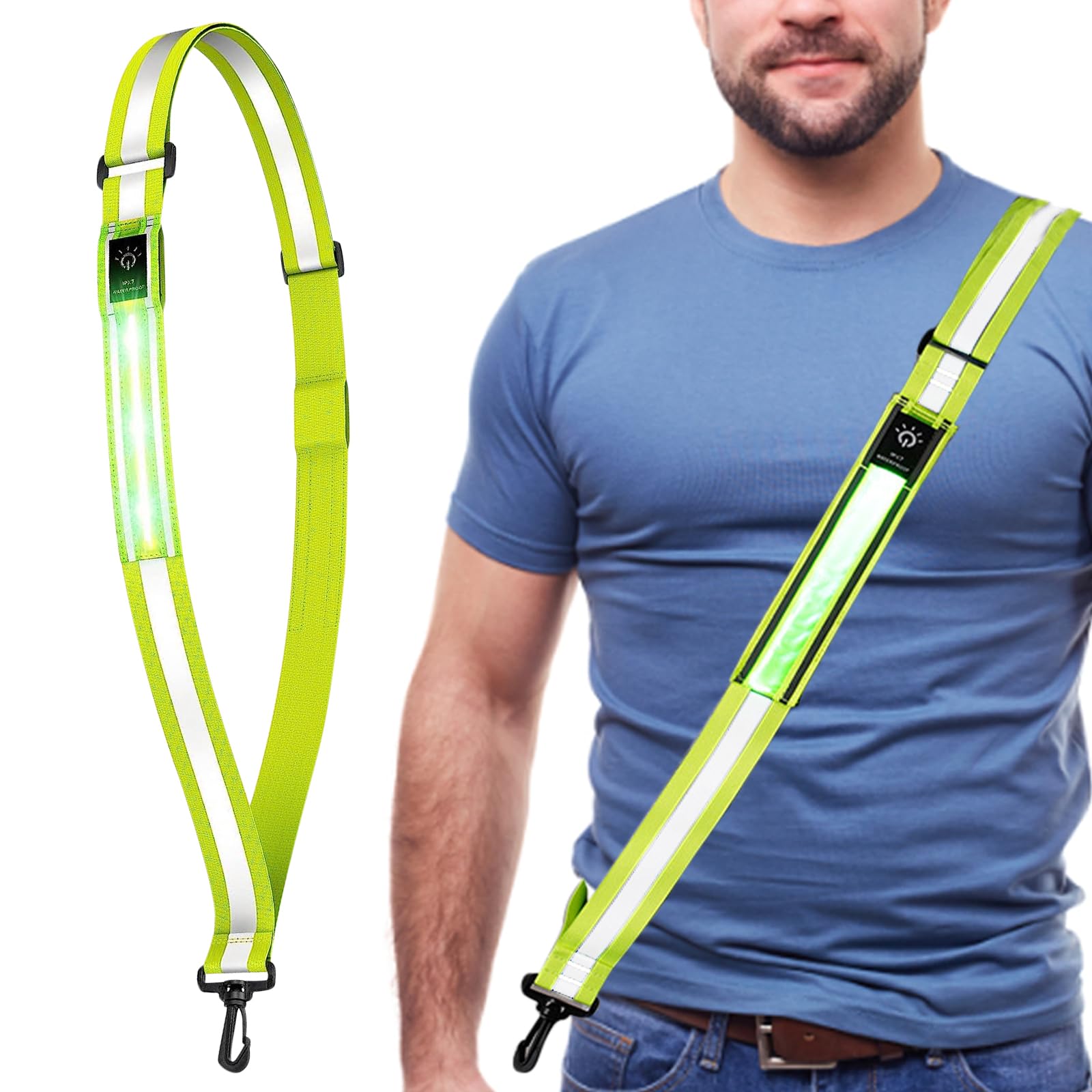 Wisfunlly LED Safety Belt Sash, High Visibility Reflective Belt, Rechargeable Safety Lights Belt Night Running Equipment, Illuminated Dog Walking Tools for Men Women Runners Walkers