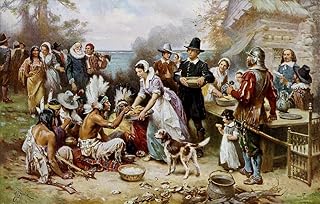 24x36 gallery poster, The First Thanksgiving 1621 , oil on canvas by Jean Leon Gerome Ferris (1899). The painting shows common misconceptions about the event which persist to modern times: Pilgrims di
