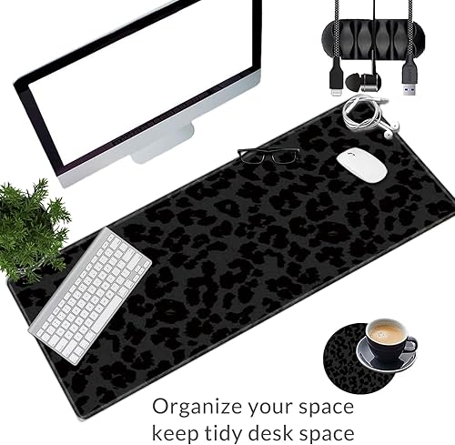 Miniatura 6 de Alfombrilla de mouse grande para juegos más un posavasos + clips para cable, alfombrilla de mouse extendida con estampado de leopardo negro (31.5 x