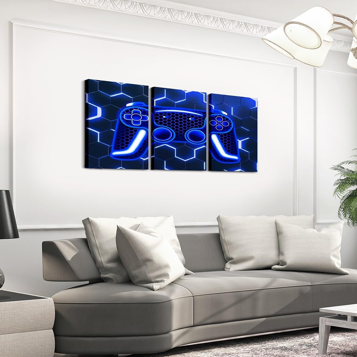 Erosebridal Gaming Canvas Wall Art Set Of 3, For Boys Gamer Paintings Wall Decor Games Console Action Buttons Framed Wall Art 12" X 16" Blue Geometric Honeycomb Pictures For Game Room Decor Home