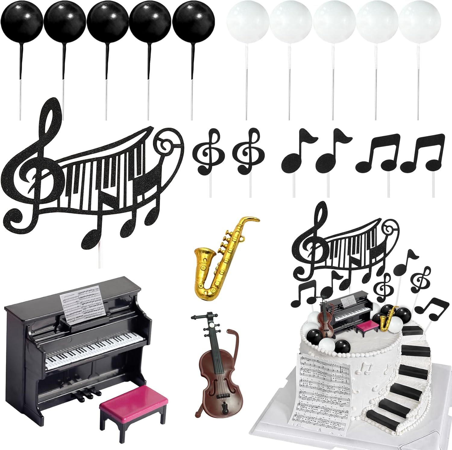 Knana 22Pcs Music Cake Toppers Piano Violin Cake Decorations Musical Notes Decorations for Party Supplies
