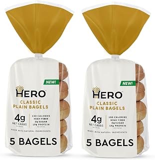 Hero Classic Plain Bagels - 4g Net Carbs, 19g Protein, 21g Fiber, 130 Cal | Keto High-Protein Bagels, 10 Pack (2x5)