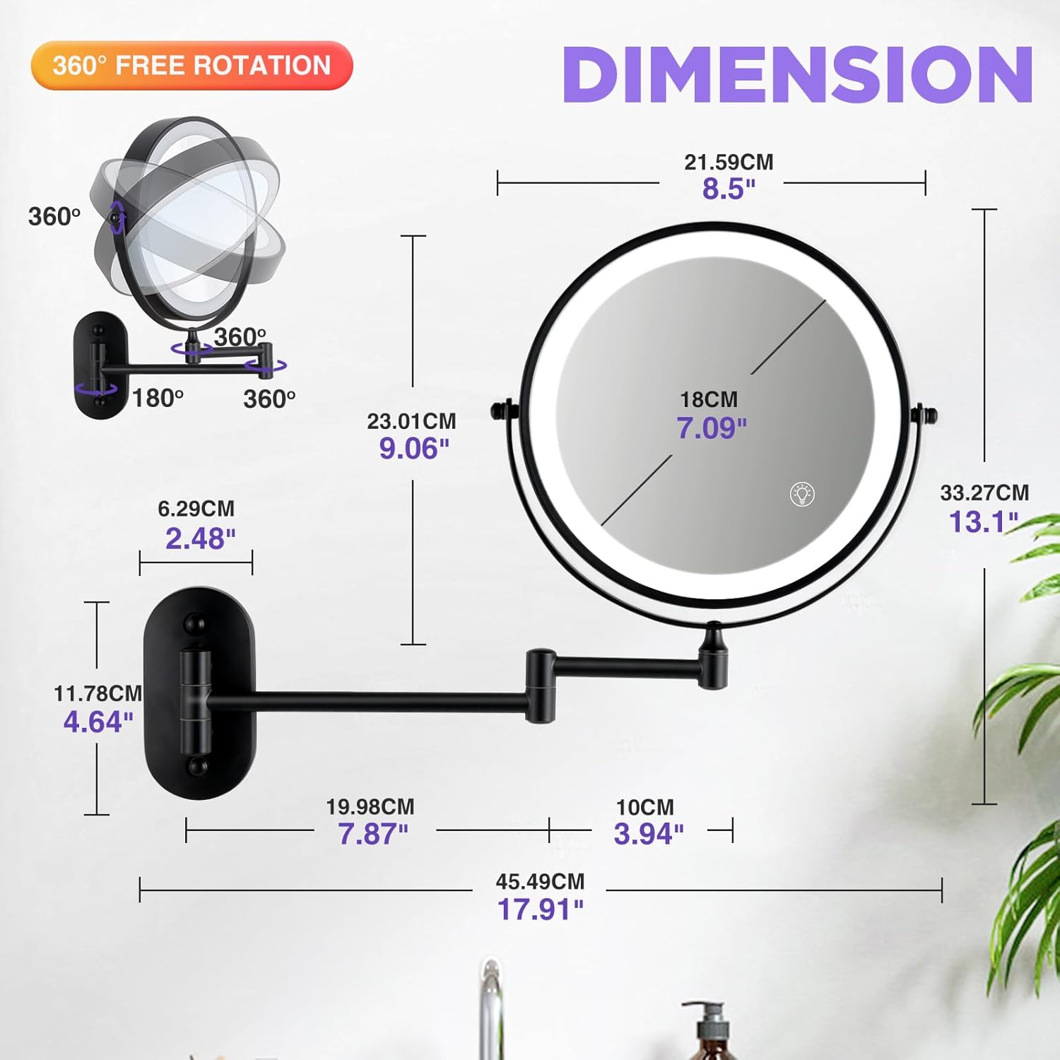 Wall Mounted Makeup Mirror: 1x/20X Magnifying Mirror with Light, 8.5" Double Sided Lighted Makeup Mirror with Magnification, Vanity Mirror for Bathroom, Brush Black