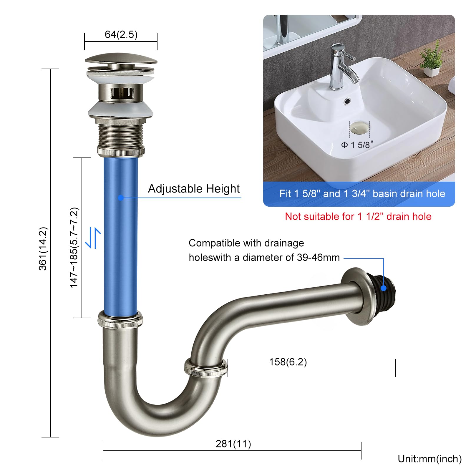 Juego completo de tapones en forma de U para lavabo de baño, altura ajustable de 1-1/4 pulgadas, trampa para fregadero, desagüe de residuos, juego de trampa P con desbordamiento, níquel