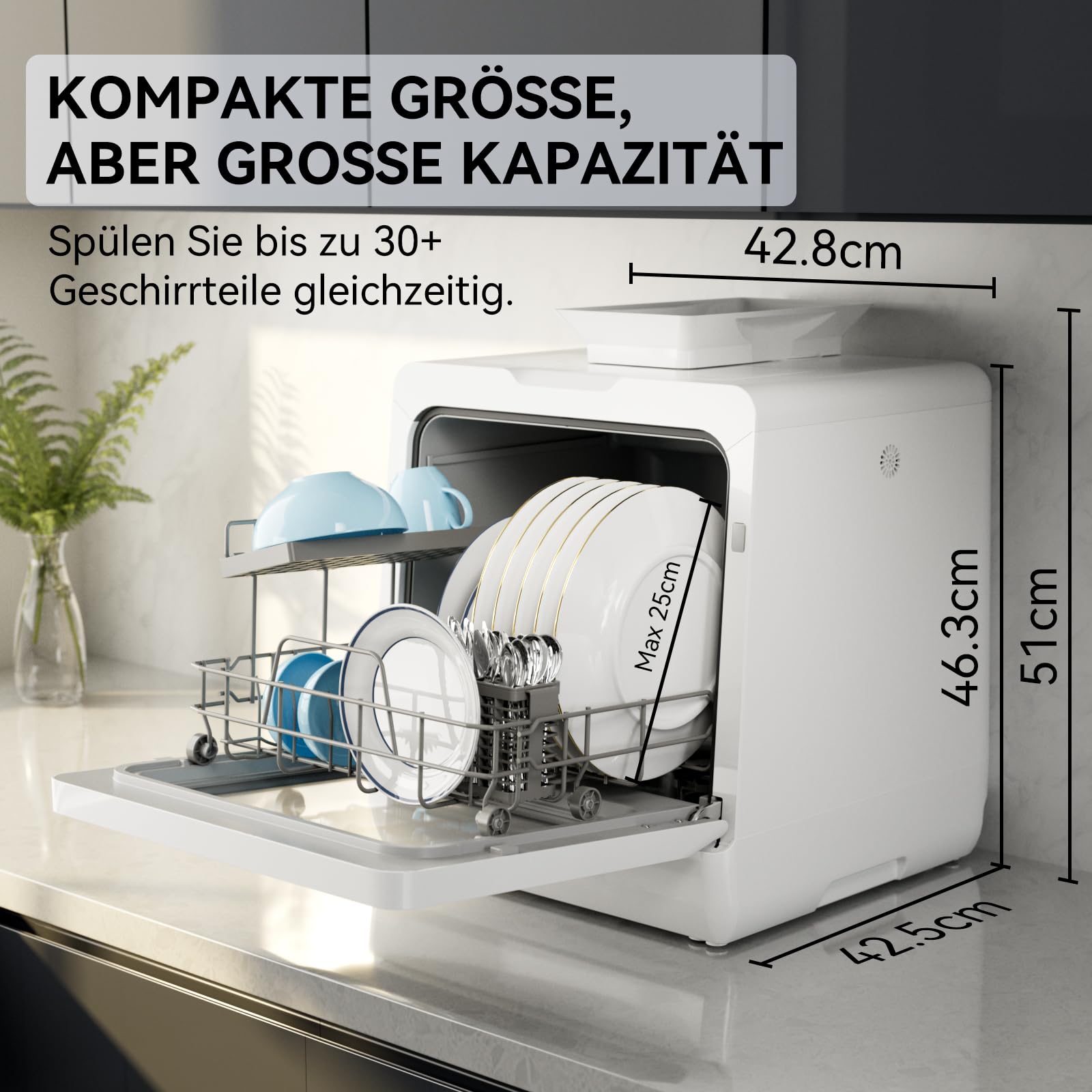 Hermitlux Tischgeschirrspüler Mini Spülmaschine 7+3 Programme 5 Maßgedecken 5L Wassertank Startverzögerung Kindersicherung