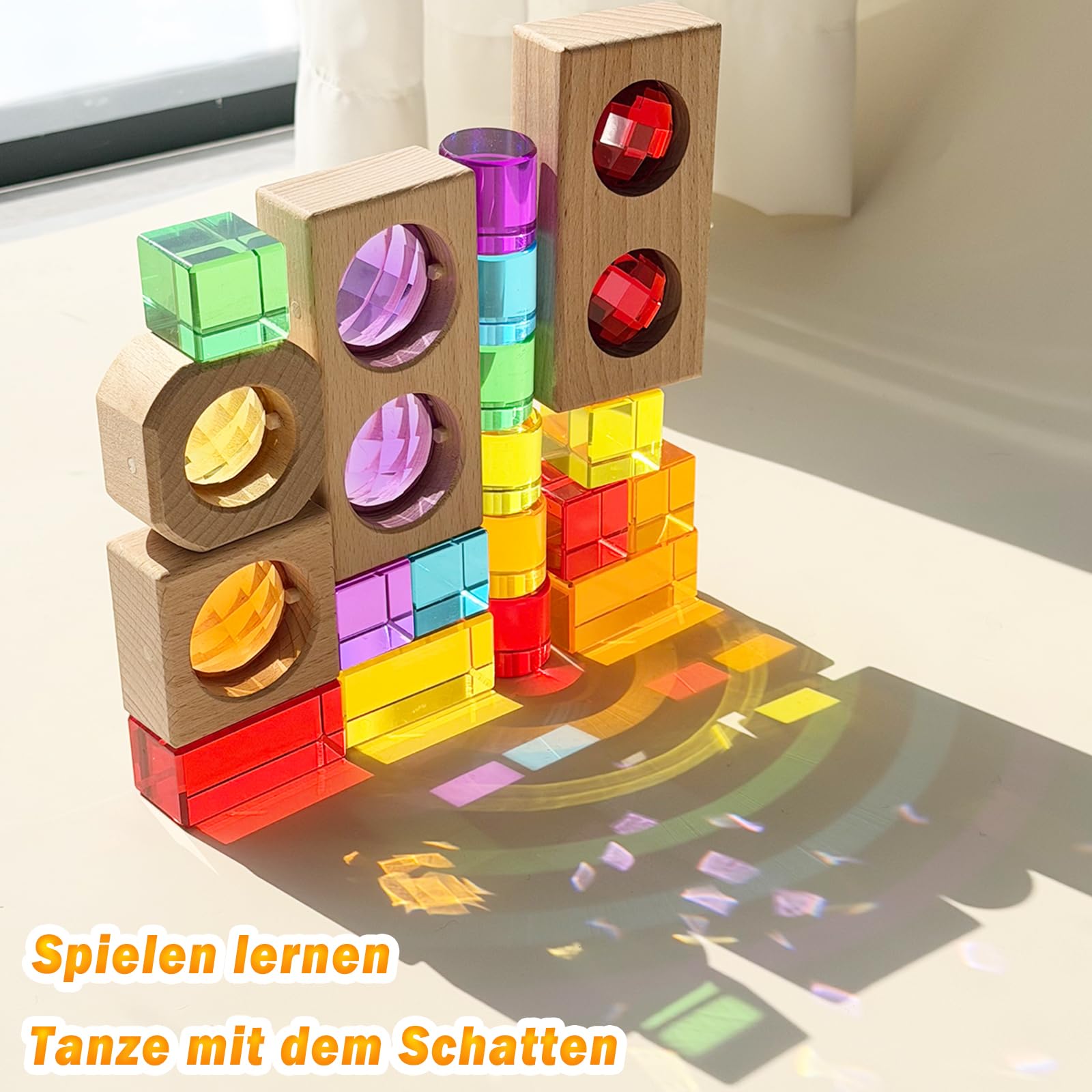 Acryl Bausteine Set, 19-teilig lichtbausteine, Stapelbar für Lichteffekte | Transparente Acryl Bausteine Würfel, Quader, Zylinder & Holz-Gem-Würfe, Sensorik Förderung bei Kindern (Rainbow)
