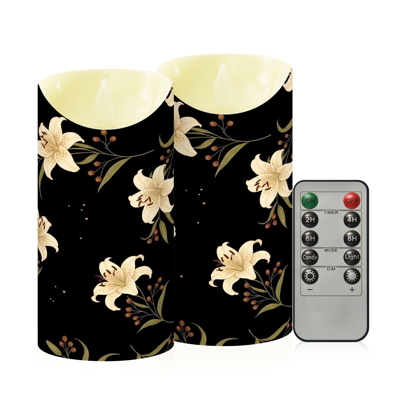 Cgiub Lily Flower Flameless Candles with Timer 2pcs Battery Operated Flickering Flameless LED Pillar Candles for Holiday Home Wedding Fireplace Decor
