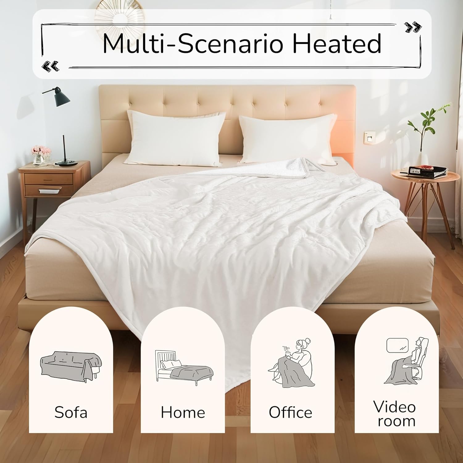 Electric Heated Blanket Queen Size 84"x90" - Dual-Sided with Microplush & Sherpa Fabric, 4 Heat Settings & 10 Hours Auto Off, Dual Controller, Machine Washable - White - Image 6