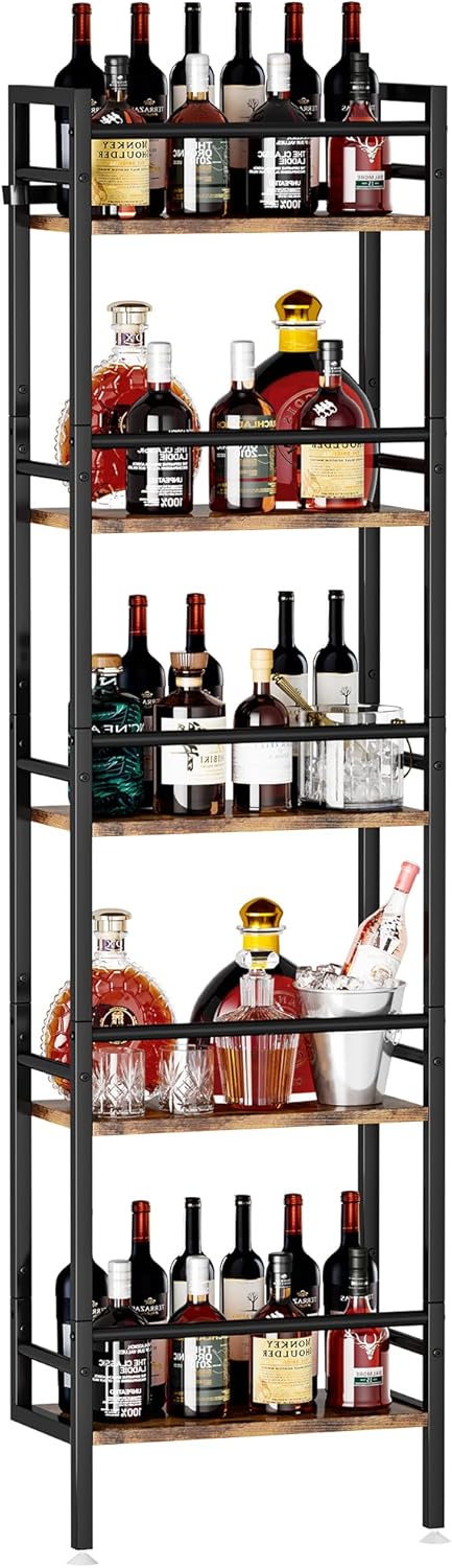 Homeiju 5-Tier Freestanding Wine Rack, 60 Bottles Wine Racks for Wall Mounted, Wines Bottle Holder Display Shelf with Fences, Liquor Storage for Kitchen, Dining Room, Bar (Rustic Brown)