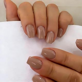 SXVME Press On Nails Short -Taupe Brown Press on Nails Coffin with Glue, Glossy Simple Fake Nails Press ons Short Square, Natural Soft Gel Glue on Nails for Women, Reusable Nail Stick Ons, 30 Pcs