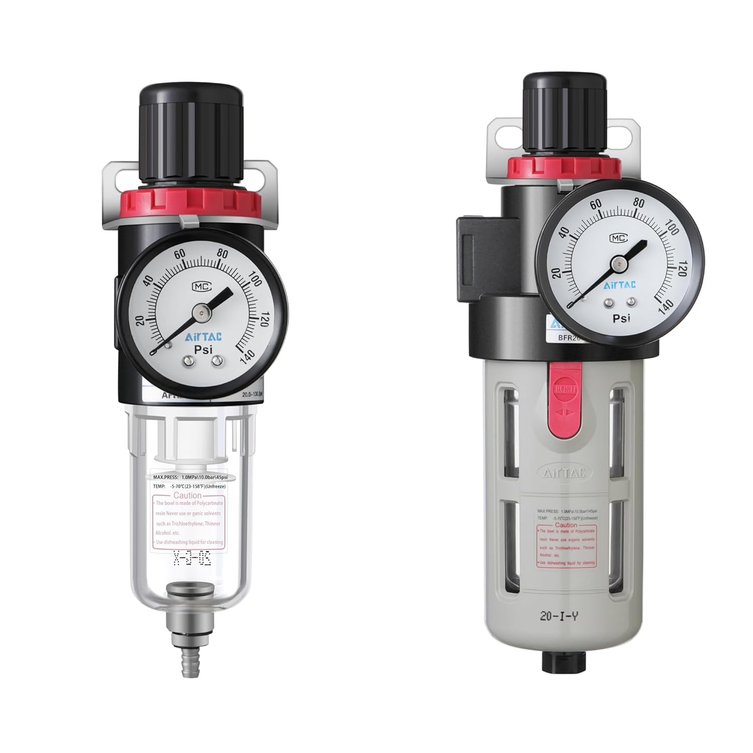 Compressed Air Pressure Filter Regulator Airtac BFR4000 1/2'' NPT 0-140 PSI Combo Piggybac Adjustable,Bracket,Gauge Semi-Auto Drain