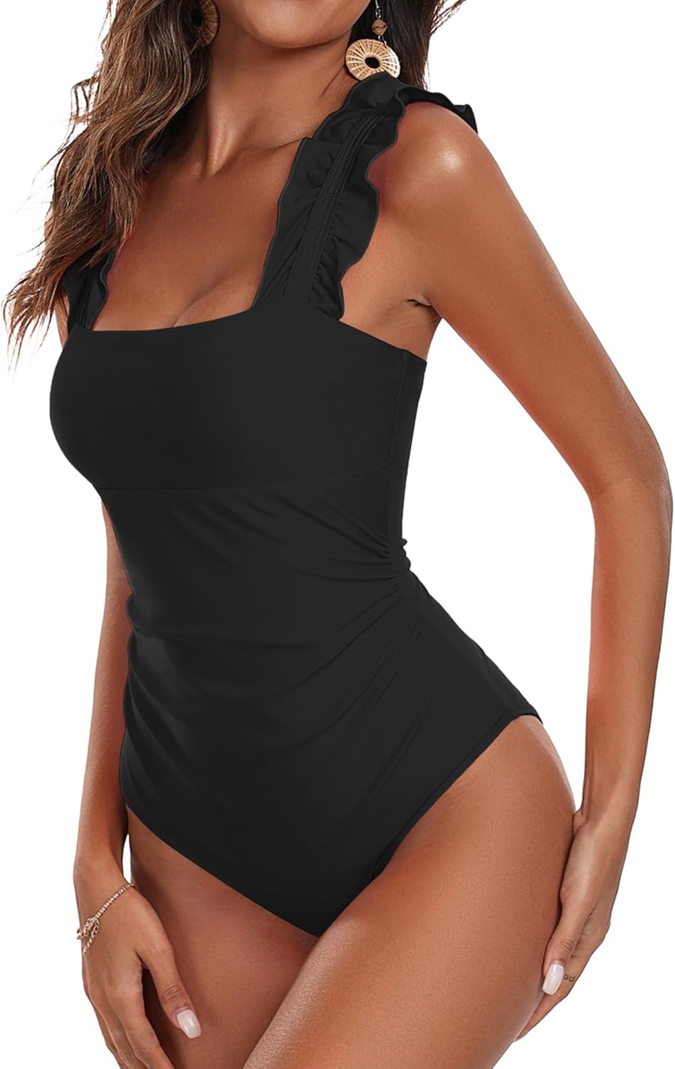 Ekouaer Women's One Piece Swimsuits Square Neck Tummy Control Bathing Suit with Adjustable Ruffled Straps Swimwear