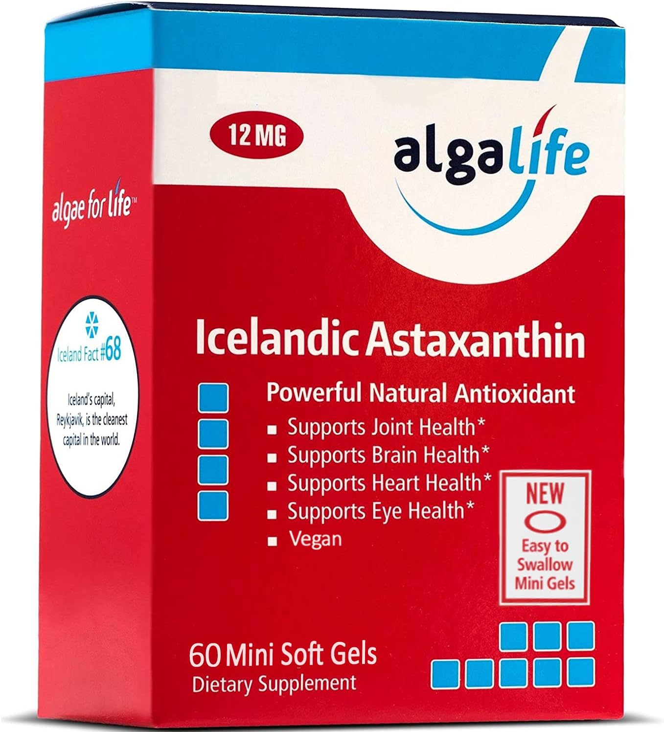 Algalife Pure Astaxanthin - Support Joint Pain & Eye Health, Made from Natural Icelandic Water, Super Powerful Antioxidant, 12 mg, 60 Soft Gels.