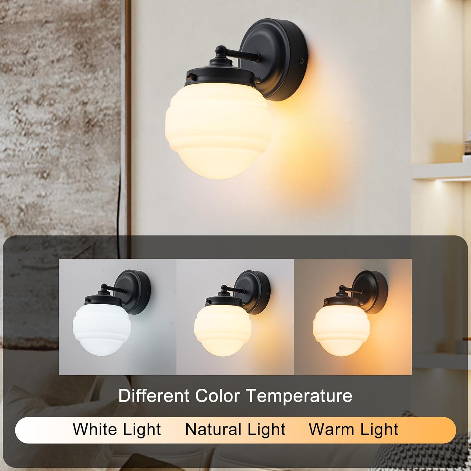Black Vanity Sconce with Milk Glass Shade Vintage Wall Sconce Mid Century Wall Light, Hardwired Wall Lamp for Bathroom Hallway Bedroom Living Room Kitchen Stairway (E26)