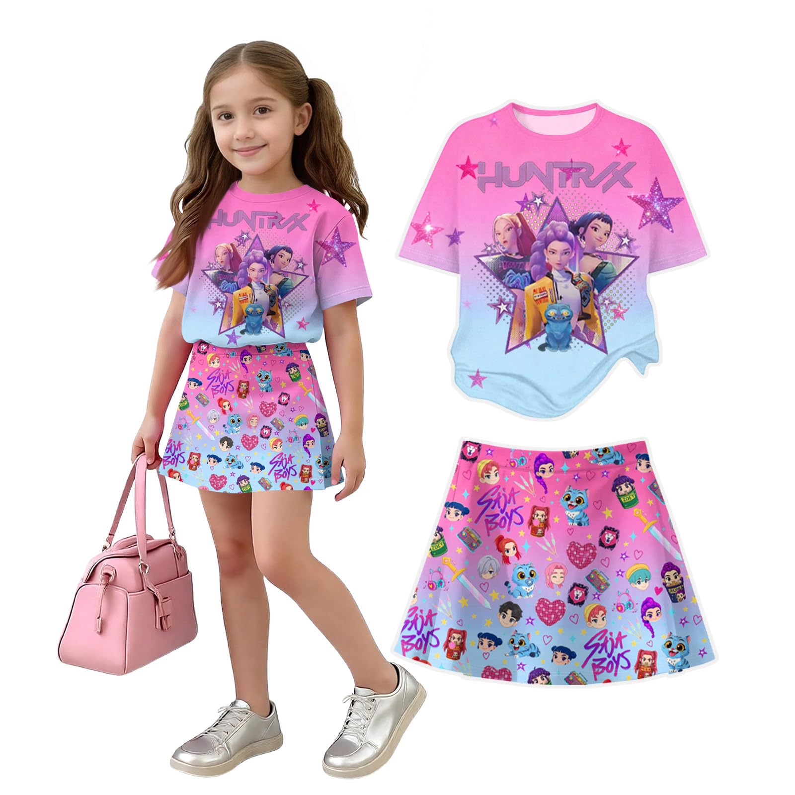 K Pop Short Sleeve T-Shirt and Skirts Outfits Set for Girls Hunters Girl's Anime Graphic Tees De-Mon Summer Sets — view 18
