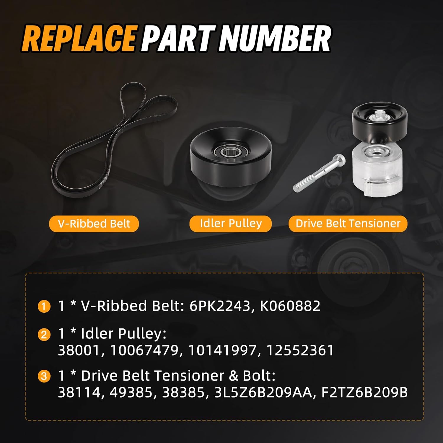 Engine Serpentine Belt Tensioner Bolt Idler Pulley Drive Kit Fit for Ford Ranger, for Mazda B3000, OHV V6 3.0L, 1997 1998 1999 2000 2001 2002 2003 2004 2005 2006 - Replace 38385 38001 6PK2243