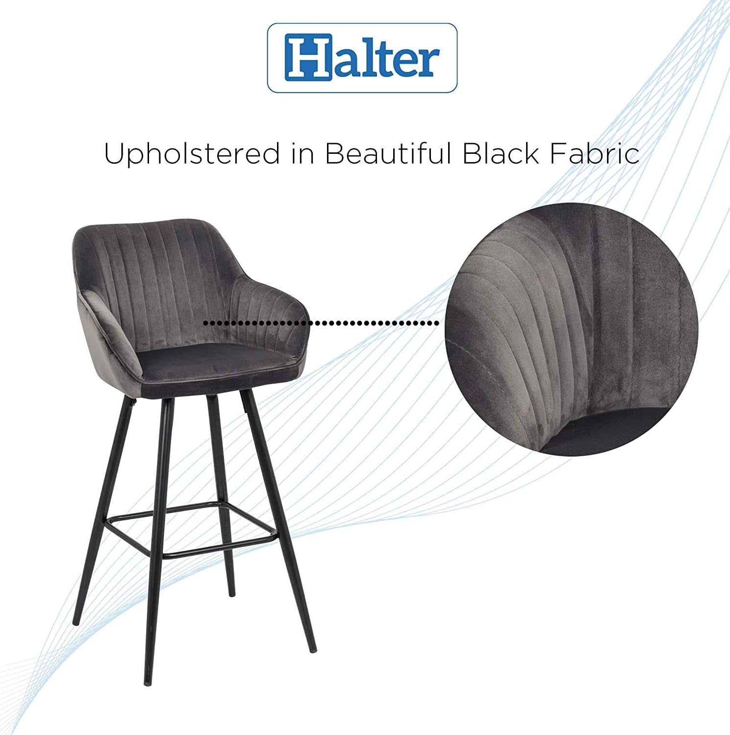 Best Seller Halter Bar Stool with Back Support and Footrest, Upholstered Modern Bar Stools for Kitchen Counter, Plush Grey Fabric and Black Metal Frame, Kitchen Stools for Island or Counter, 40 Inch, (2 Pack).