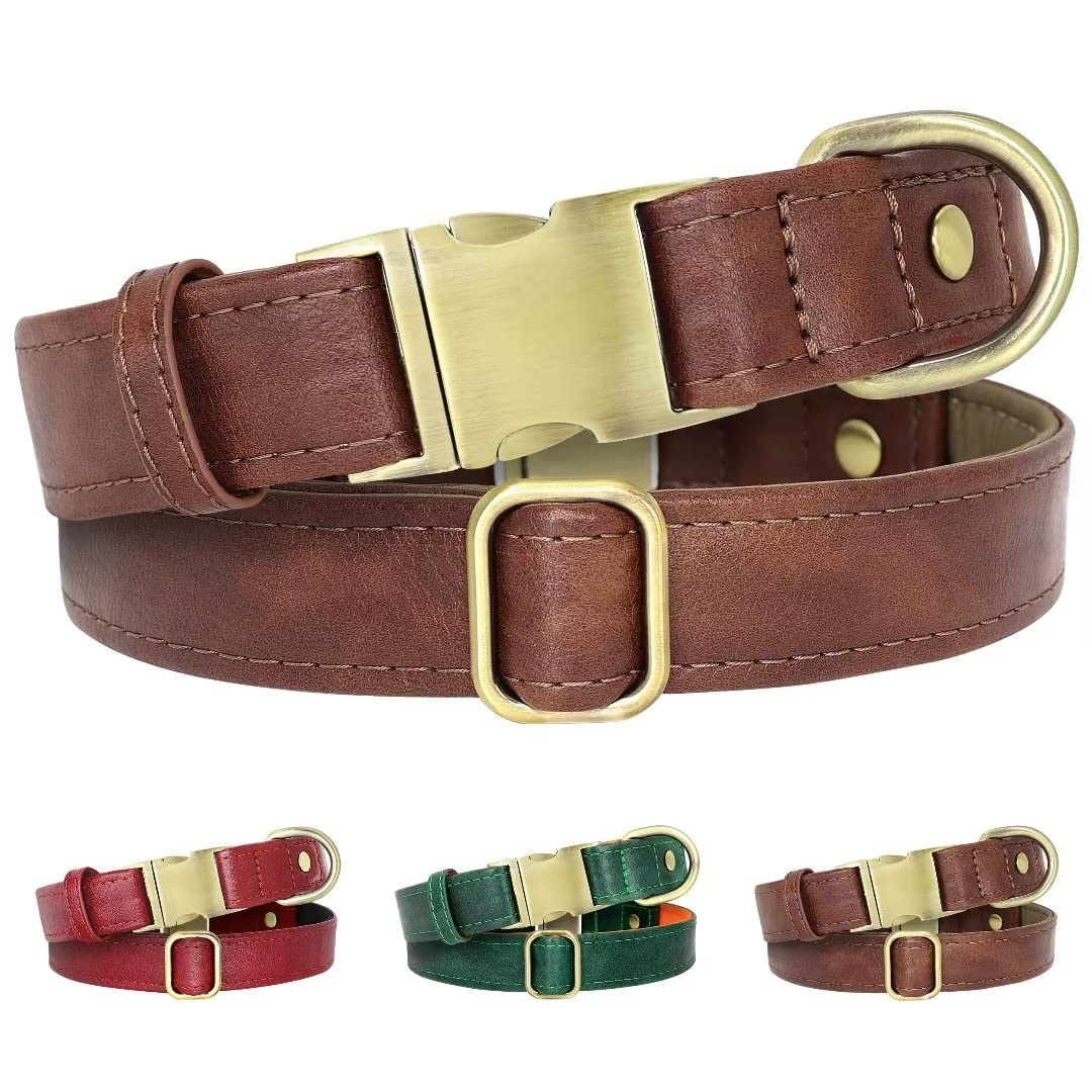 Beirui Soft & Breathable Leather Padded Dog Collar - Heavy Duty Leather Dog Collar with Durable Quick Release Buckle - Well Made Stylish Dog Collar Leather for Small Medium Large Dogs,Brown,L