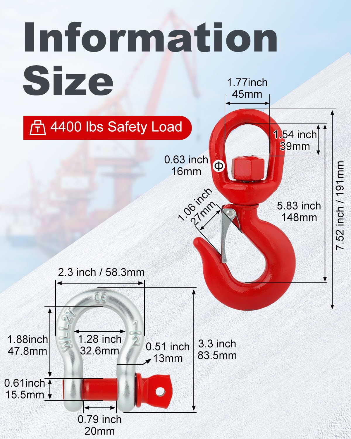 2 Ton Swivel Lifting Hook with 1/2'' D Ring Shackles, Heavy Duty Alloy Steel Lifting Hooks for Tow Strap/Winch/Traction Steel Wire/Vehicle Recovery, 4400 Lbs Safety Load Limit - Image 5