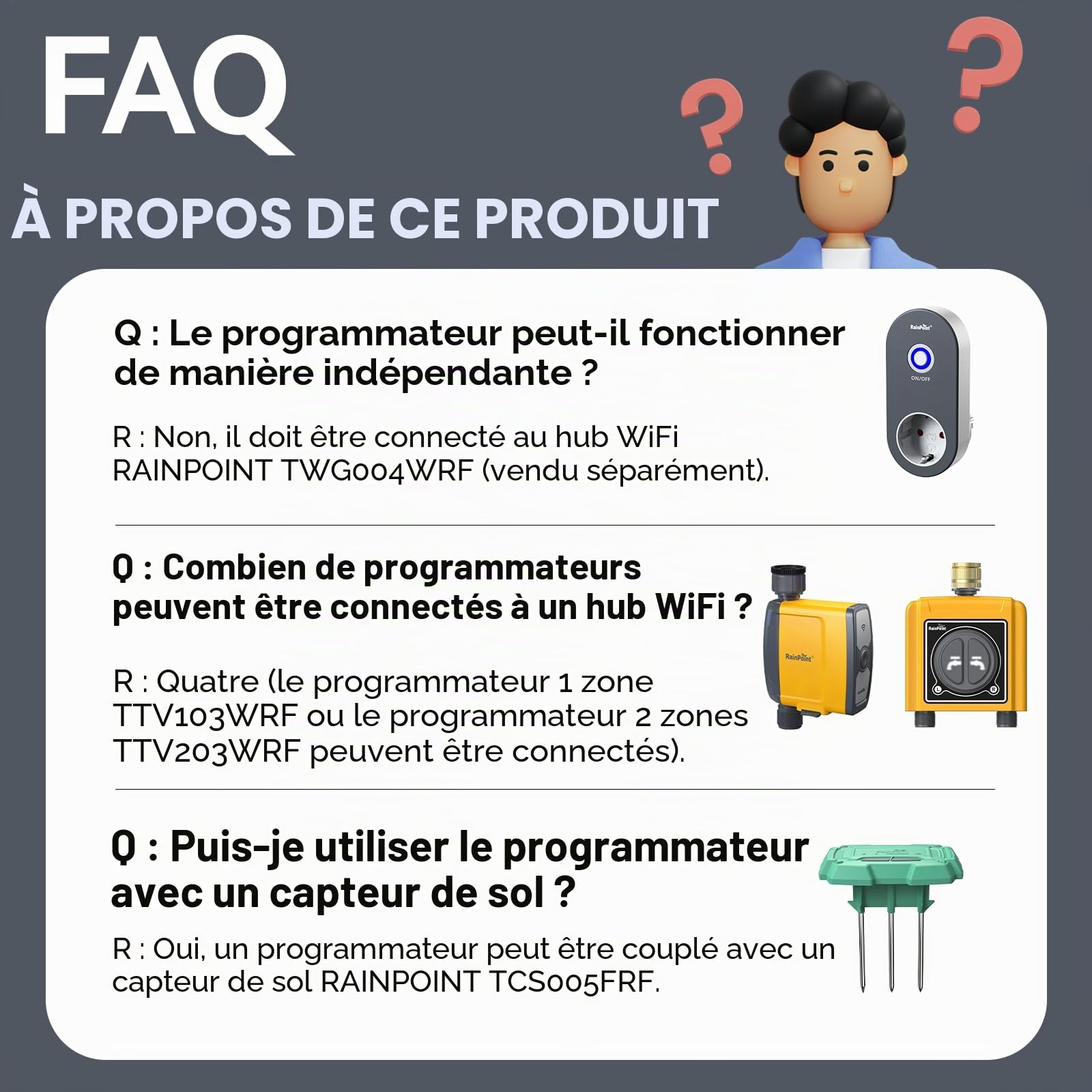 RAINPOINT Programmateur Arrosage WiFi, avec Entrée et Sortie en Laiton Pur, sans Hub WiFi, Doit être Utilisé avec Le Hub WiFi TWG004WRF (Uniquement 2,4 GHz)