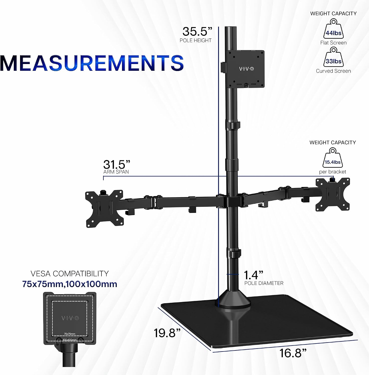VIVO Triple Monitor Extra Tall Desk Stand for up to 49 inch Ultrawides on Center Bracket and 27 inch Screens on Side Brackets, Holds up to 44 lbs, Tempered Glass Base, Black, STAND-V103T-GB image 3