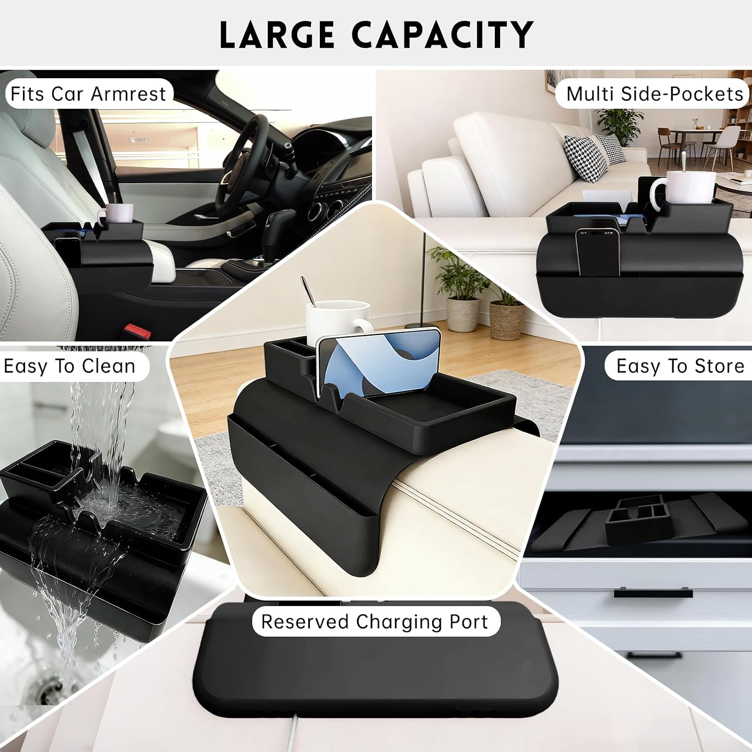 2Pcs Black Couch Cup Holder Tray, Couch Arm Cup Holder, Large Anti-Slip Couch Cups Holder with Side Pocket, Silicone Sofa Armrest Organizer for Snacks/Remote/Phone/Fruit, Gift for Women